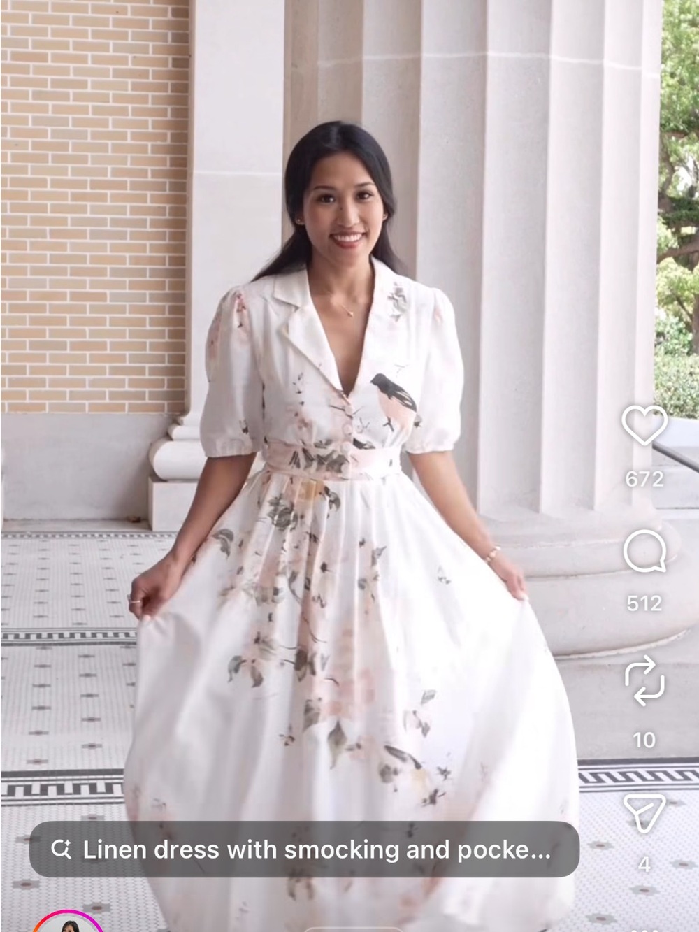 Brand New Chillinen White Bird Floral Linen Dress with Puff Sleeves size L